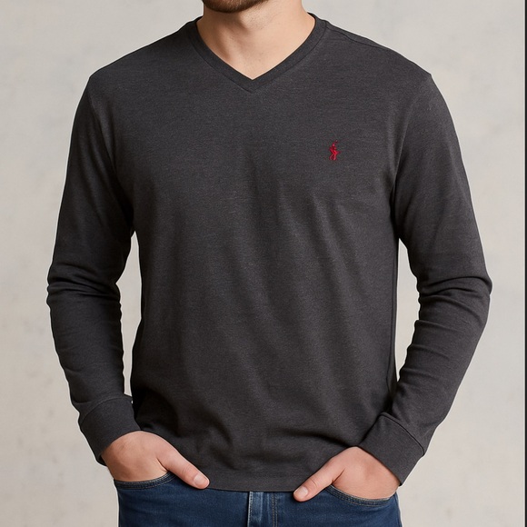 Ralph Lauren Other - Polo Ralph‎ Lauren Charcoal Gray Long Sleeve V-Neck Shirt Men’s XL Red Pony Logo